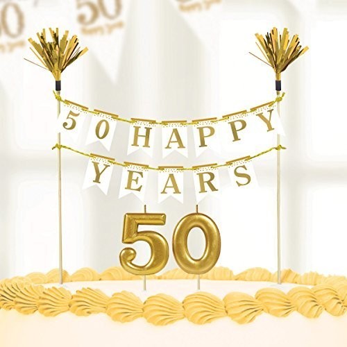 Decoração de aniversário Dourada para bolo + velas 50 anos