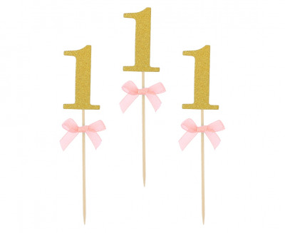 10 Toppers Cupcakes Número 1 Glitter Laço Rosa