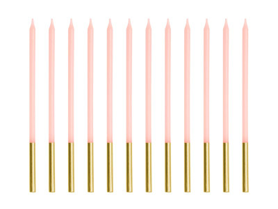 12 Velas Rosa Pastel + Dourado 14cm