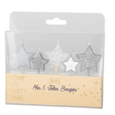 5 Velas Estrelas Prateadas Glitter