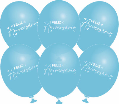 6 Balões Látex Feliz Aniversário Azul Céu 6 Balões Látex Feliz Aniversário Azul Céu