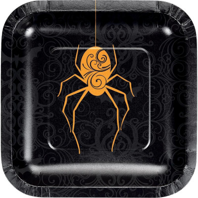 8 Pratos Quadrados Aranha Halloween 17cm