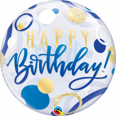 Balão Bubble Happy Birthday Blue & Gold Dots