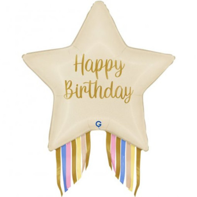 Balão Estrela Happy Birthday Franjas 74cm