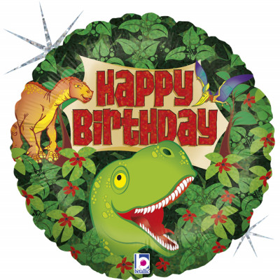 Balão Foil Holográfico Dinossauro Happy Birthday 46cm
