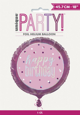 Balão Foil Redondo Happy Birthday Rosa Glitter 46cm