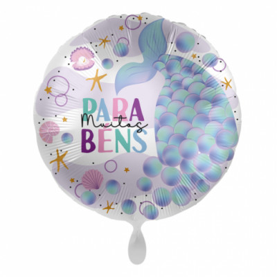 Balão Foil Redondo Muitos Parabéns Sereia 43cm