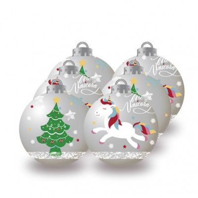 Conjunto 6 Bolas Natal Prateadas Unicórnio