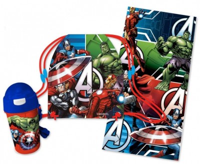 Conjunto saco + toalha + garrafa dos Avengers