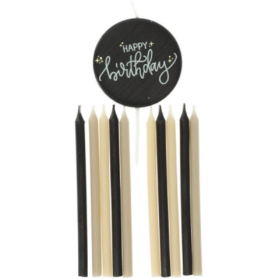 Conjunto Velas Happy Birthday Creme e Preto