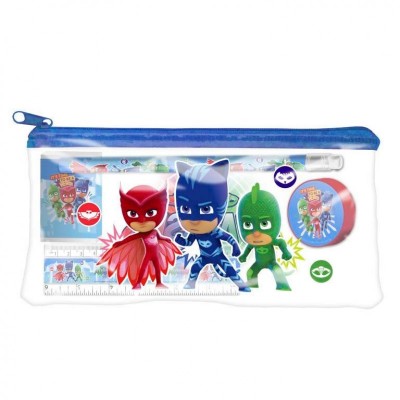 Estojo transparente + material escolar PJ Masks