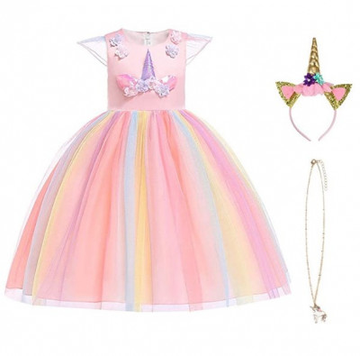 Fato Vestido Princesa Unicórnio Rosa Rainbow