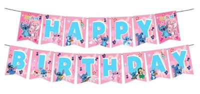 Grinalda Banner Happy Birthday Stitch Pink