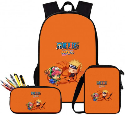 Mochila Escolar 40cm + Estojo + Bolsa Naruto One Piece Laranja