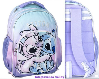 Mochila Escolar 42cm adap trolley Stitch e Angel