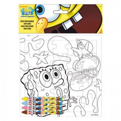 Puzzle p/ pintar + lapis cera Bob Esponja