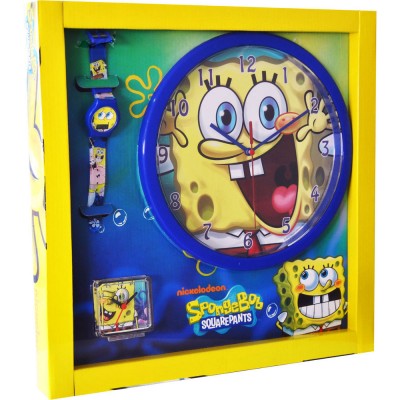 Set Relogio Parede de Pulso e Despertador Bob Esponja
