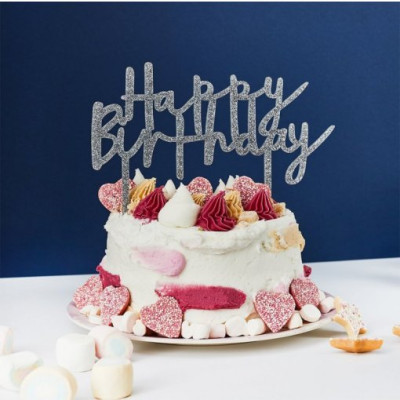 Topo de Bolo Acrílico Happy Birthday Prateado