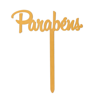 Topper Bolo Parabéns Acrílico Dourado