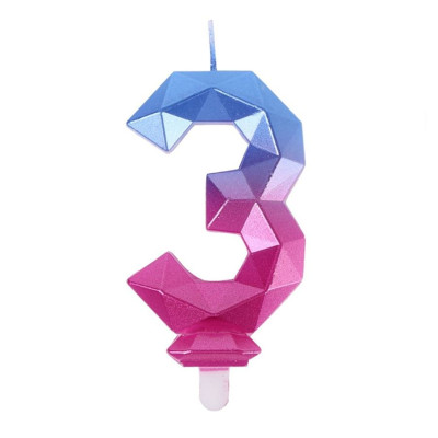 Vela Número 3 Diamante Azul e Fúcsia 7,7cm