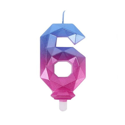 Vela Número 6 Diamante Azul e Fúcsia 7,7cm