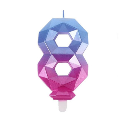 Vela Número 8 Diamante Azul e Fúcsia 7,7cm