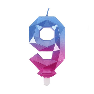 Vela Número 9 Diamante Azul e Fúcsia 7,7cm