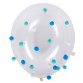 5 Balões Latex com Pompons Azuis e Brancos 30cm