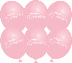 6 Balões Látex Feliz Aniversário Rosa Bebé