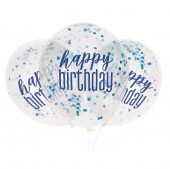 6 Balões Látex Happy Birthday Confettis Azul