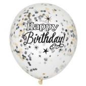 6 Balões Látex Happy Birthday Confettis Preto