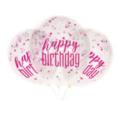 6 Balões Látex Happy Birthday Confettis Rosa Fúscia