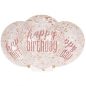 6 Balões Látex Happy Birthday Confettis Rose Gold