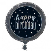 Balão Foil Redondo Happy Birthday Preto Glitter 46cm