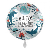 Balão Foil Redondo Muitos Parabéns Animais Marinhos 43cm