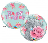 Balão Foil Redondo Urso e Rosa Happy Birthday 46cm