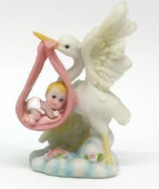 Figura Cegonha com Bebé Lenço Rosa 8cm