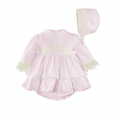 Vestido Deluxe Batismo e touca rosa